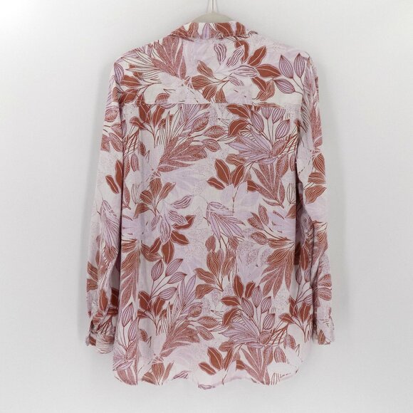 Tahari Linen Shirt Tunic Top Sz XL Roll tab sleeve Floral print White & Brown - Picture 2 of 4